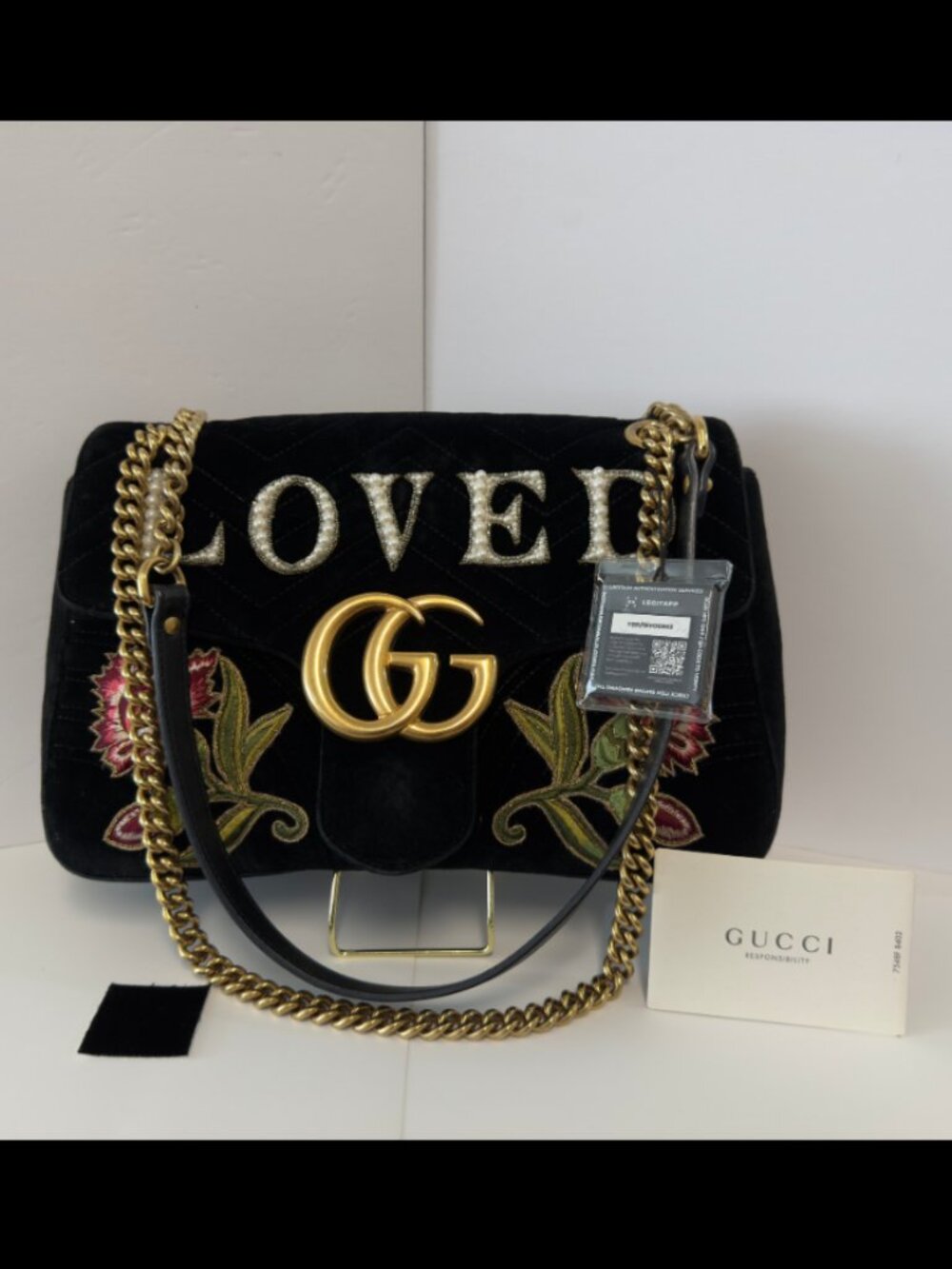 Gucci Velvet Matelasse Loved Embroidered Medium GG Marmont Shoulder Bag Black